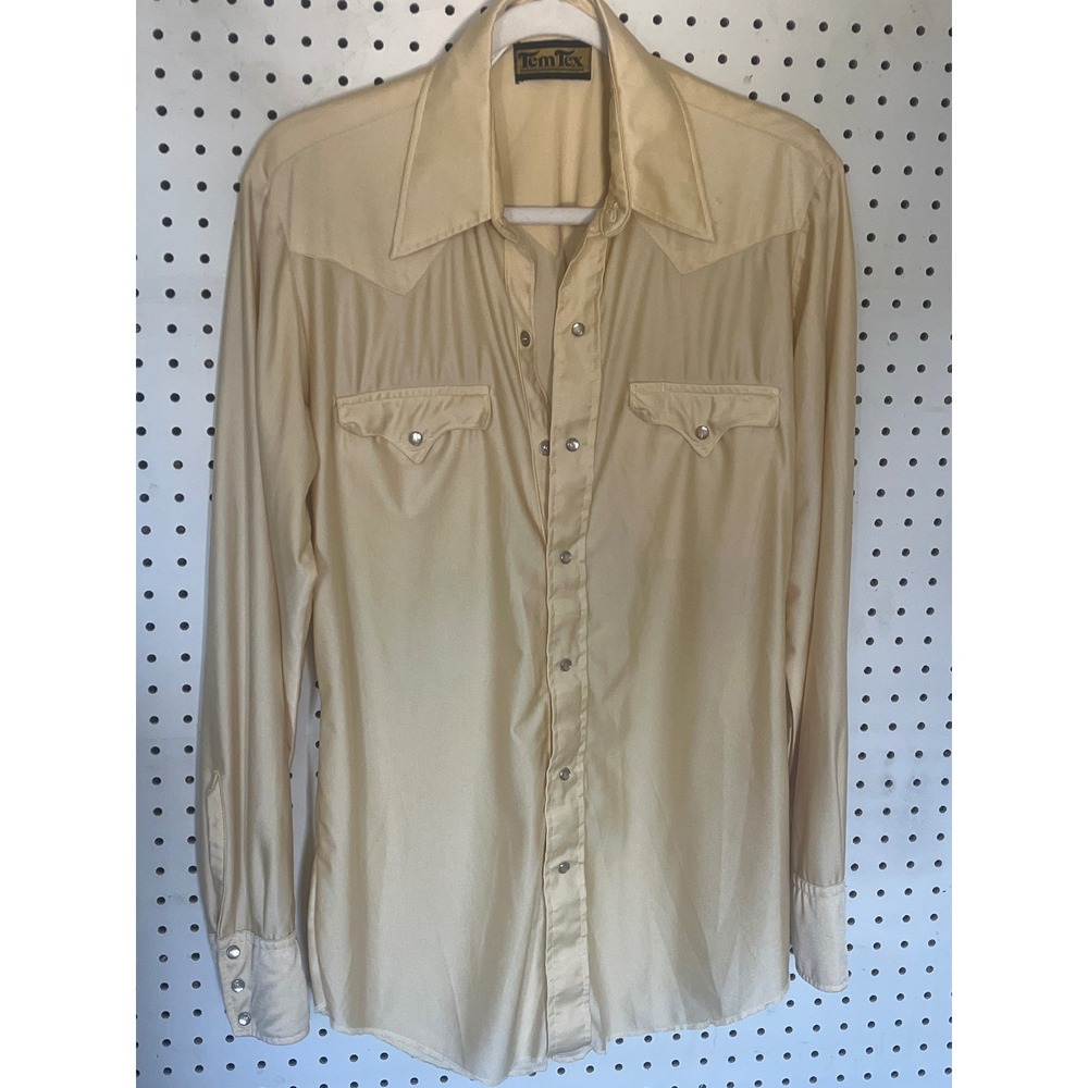 Vintage Tem Tex Mens Gold Western Disco Pearl Snap Shirt Extra Long Tail 16 USA